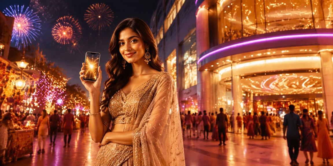 Indian night market with casino app player using mobile device