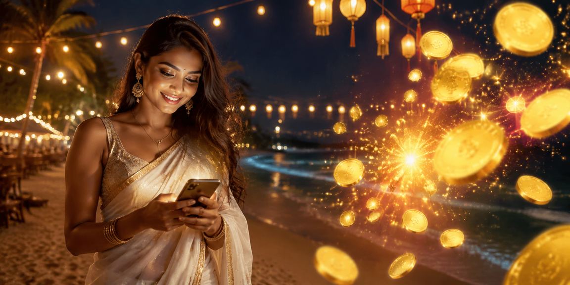 Indian woman playing casino games on mobile device outdoors