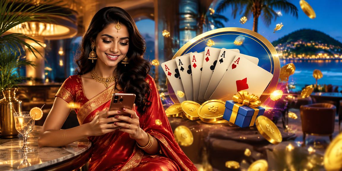 VIP player enjoying Teen Patti live on mobile device in festive setting
