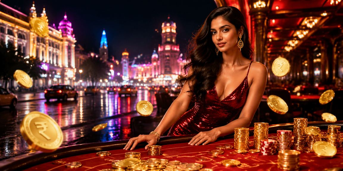 Nighttime view of Mumbai with casino-related entertainment and Indian Rupee symbols