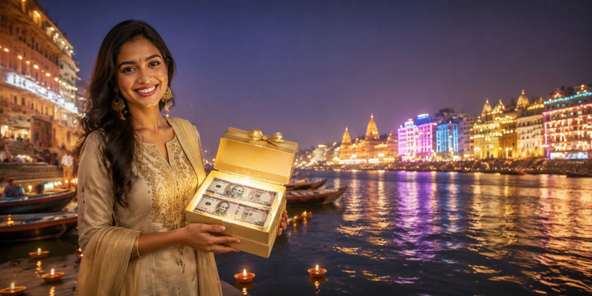 Indian woman placing online bets on mobile device wearing kurti