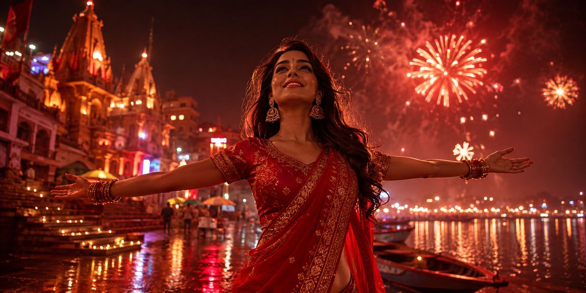 Bright promotional lights at Varanasi riverfront during festive gaming season