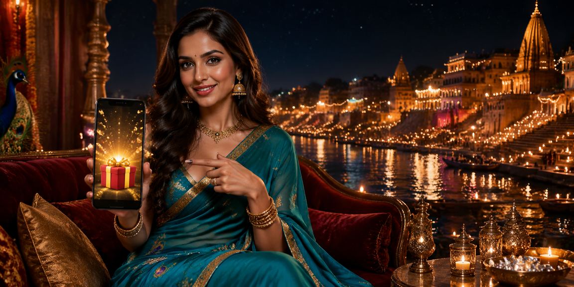 Indian woman playing mobile casino with bright device glow